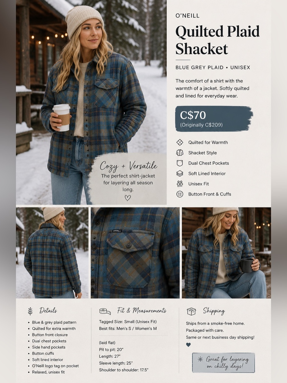 O’Neill Quilted Plaid Shacket Small Blue Grey Lined Button Front